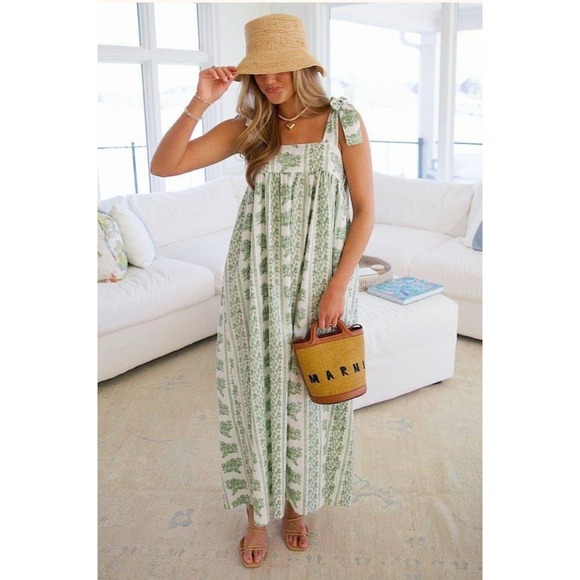 The Unbranded Brand Dresses & Skirts - Womens Floral‎ Stripe Maxi Dress 2XL Green White Tie Shoulder Boho Cottage Beach